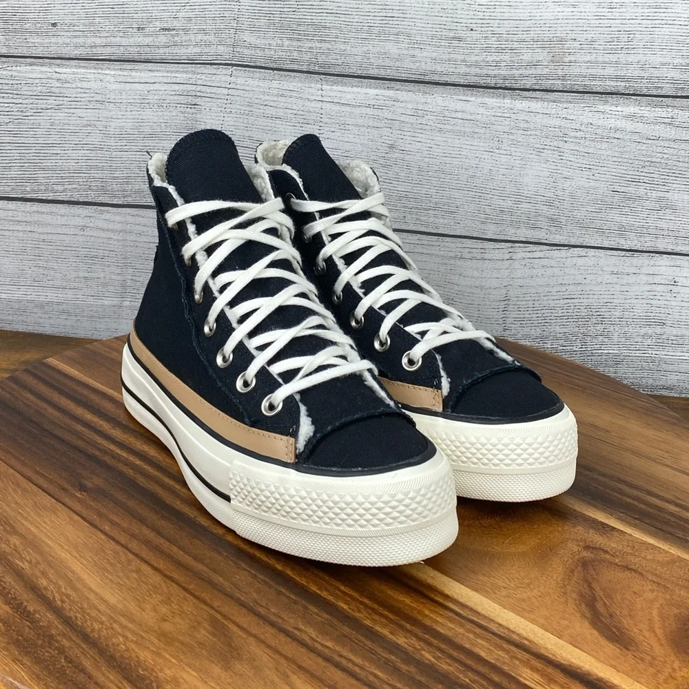 Converse Chuck Taylor All Star Raw Edge Platform High Black Champagne Tan Sz 6.5